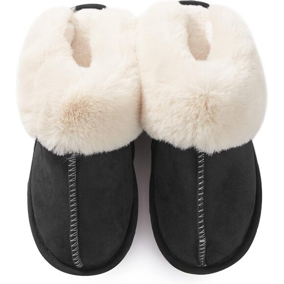 Women's Black Fluffy Cozy Winter Warm Plush Memory Foam Slip On Slippers Shoes - Picture 5 of 6